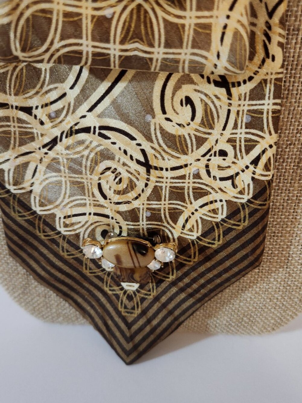 Hand Crafted Necktie Necklace with Rhinestone Accents Brown Beige Pearl Necklace - Picture 7 of 8